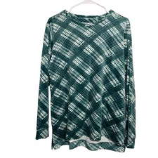 D&CO Blouse Women's Medium Green Plaid Fleece Plush Long Sleeve T-Shirt Top