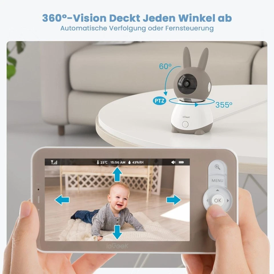 5 Zoll 2K/3MP ieGeek Babyphone mit Kamera Automatische Verfolgung, IR-Nachtsicht - Bild 2 von 4