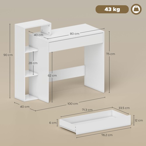 HOMCOM Scrivania PC Compatta con 3 Ripiani Aperti e Cassetto in Legno Bianco - Foto 4 di 10