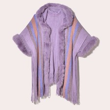 Femme Ethnique Faux Col Fourrure à Capuche Tricoté Châle Rétro Rayé Gland Cape