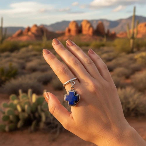 Vintage Lapis Lazuli Cross Sterling Silver 925 Charm Dangle Ring Sz 6 Southwest