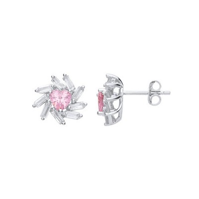 Silber Jewelco London Rosa Baguette CZ Sunburst Love Herz Ohrstecker