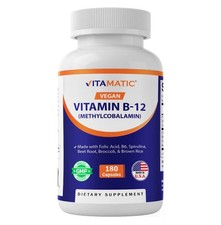 Vitamatic Vegan B12 1000 mcg - Methyl B12 with Folic Acid, Vitamin B6 - 180 Caps