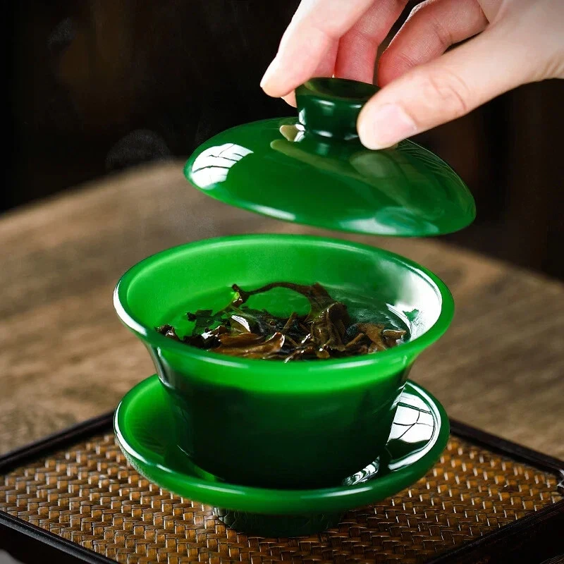 Taza de té Imperial verde esmeralda Gaiwan porcelana jade Sancai cuenco cubierto Foto 4 de 4