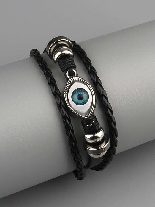 Blue Evil Eye Protection Multi Layer Black Band Bracelet for Boys & Men