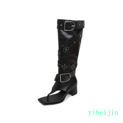 Women's Motorcycle Knee High Boots Buckle Leather Thongs Studded Shoes High Heel