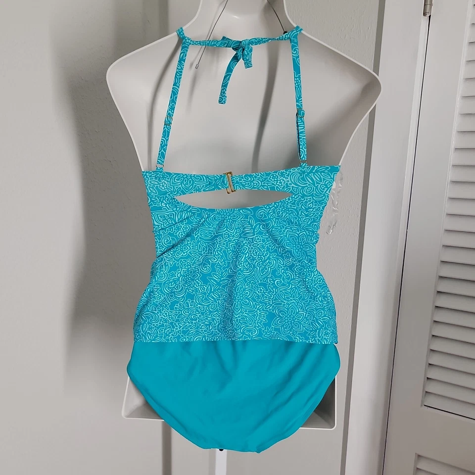 Catalina 2 изделия стильный с бретелью через шею танкини верх и низ комплект ~ бирюзовый и белый ~ Sz S - Изображение 4 из 4