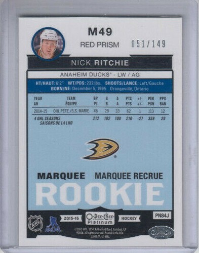 15/16 OPC Platinum Anaheim Ducks Nick Ritchie Red Prism RC card #M49 Ltd #51/149 - Picture 2 of 2