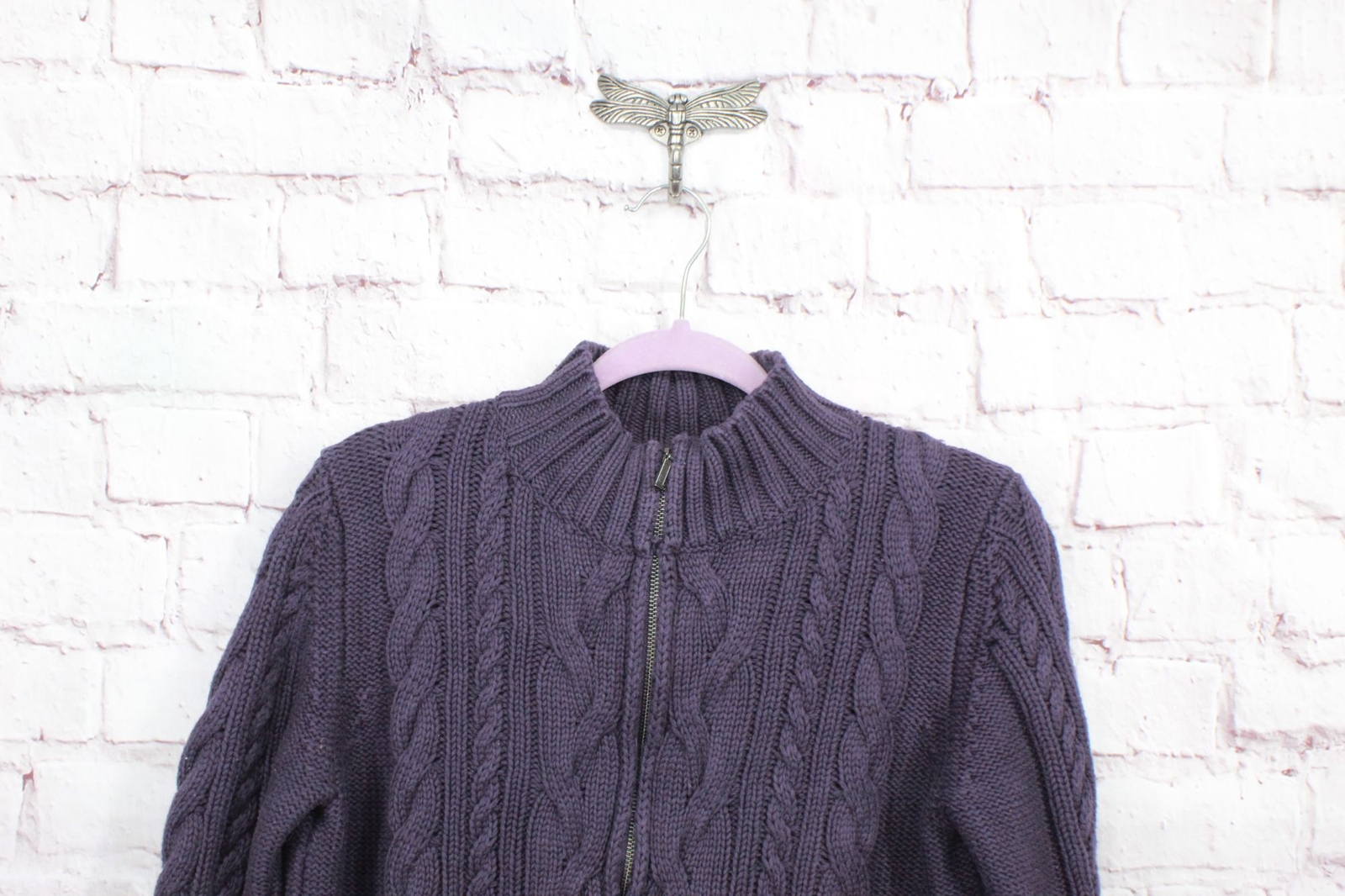 LL Bean Women's Double L Cable Sweater Zip Cardigan Cotton Dark Purple