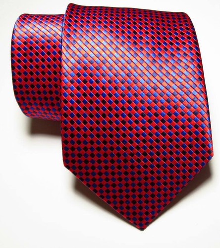 New Classic Checks Red Black Blue JACQUARD WOVEN 100% Silk Men's Tie Necktie - Picture 2 of 2