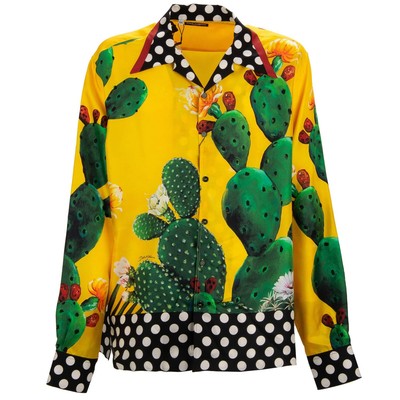DOLCE & GABBANA Cactus Polka Dot Silk Shirt Pocket Yellow Green 44 XXL