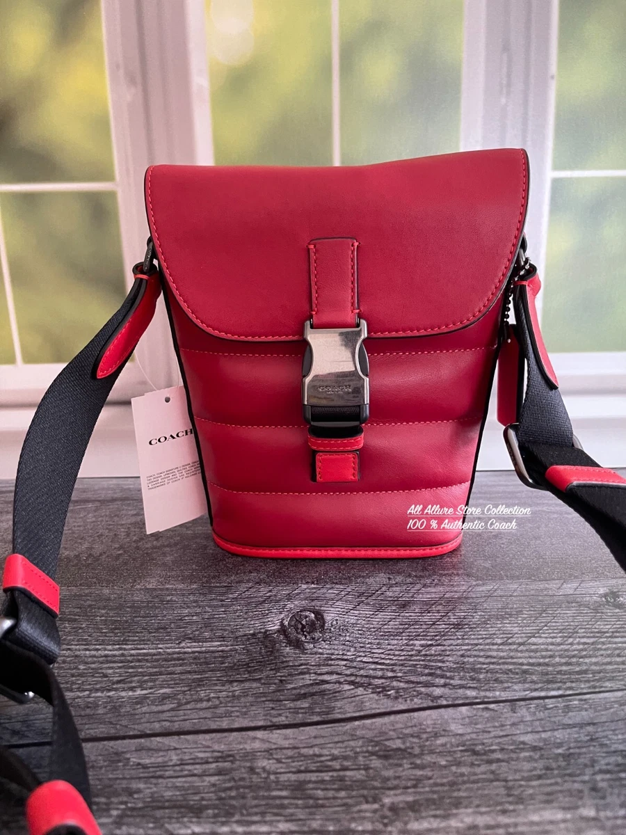 NWT Coach Men Track Red Black Leather Crossbody Small Flap Quilting  Shoulder Bag