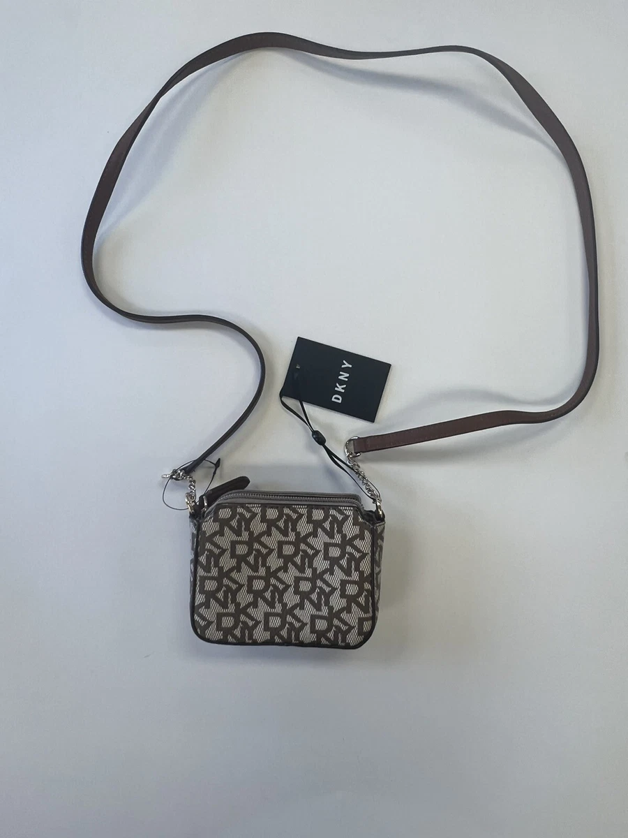 DKNY Thomasy Micro Mini Women Monogram Medium Brown Chain Crossbody Bag NWT