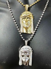 3" Jesus Pendant Piece Solid 925 Silver /14k Gold Plated ICY CZ  Moon Cut Chain