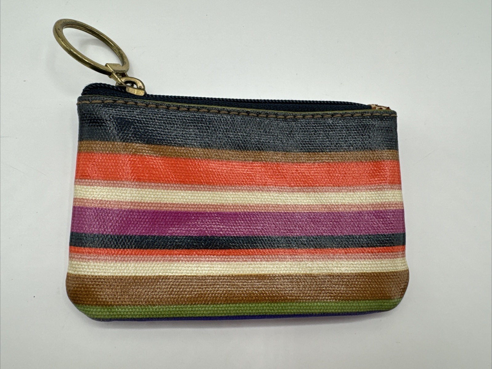 Fossil Womens ID Holder Coin Purse Multicolor Blue Orange Stripe Keychain 5.43 Inch