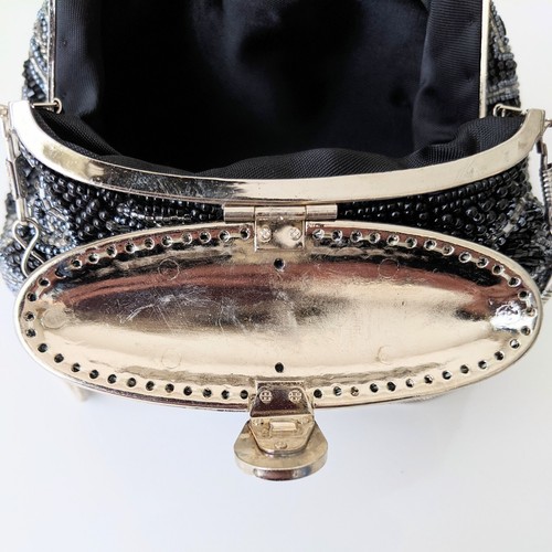 Japanese Vintage Beaded Evening Shoulder Bag Abstract Pattern Blk/Silver 7x4 in - Picture 16 of 21