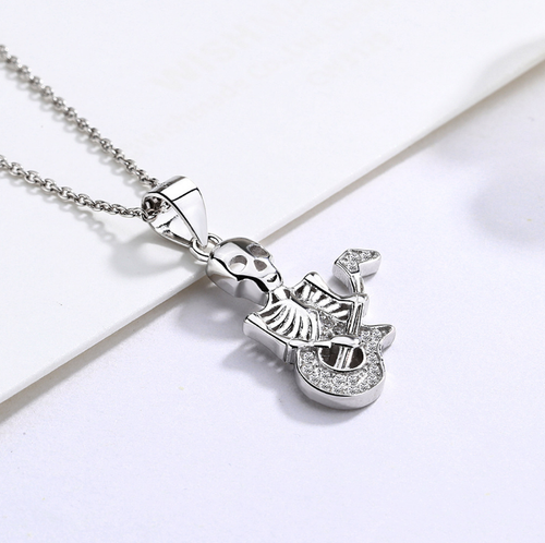925 Sterling Silver Skull Skeleton Guitar Pendant Necklace Halloween Gift PE55 - Bild 3 von 5