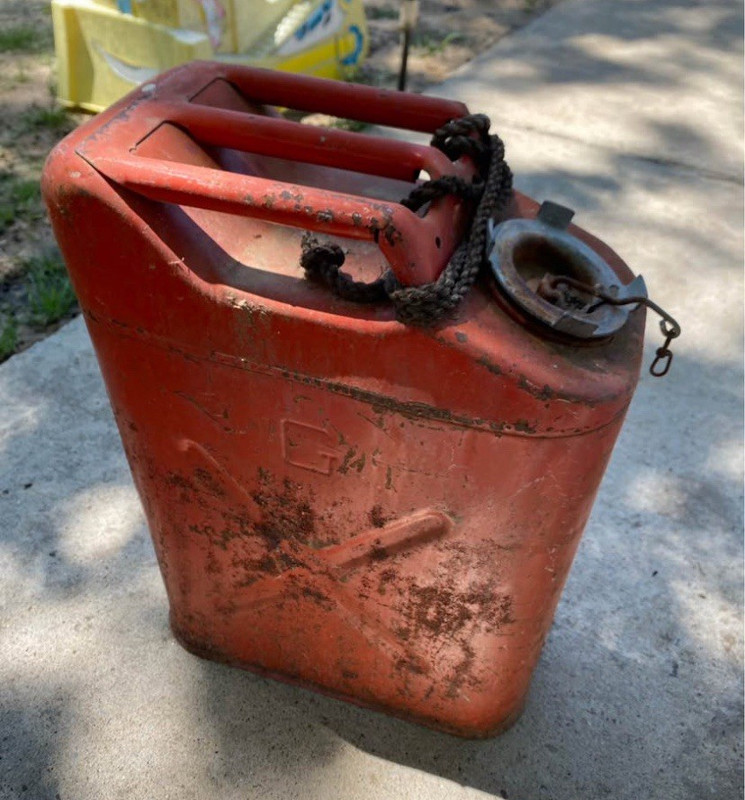 Vintage Red Metal Gas Can w/ Cap and Rope Handle, Gas & Oil Theme