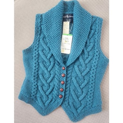 Vintage Deadstock NWT Ralph Lauren Sweater Vest Women Teal Hand Knit Wool M