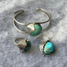 Vintage Navajo Native Sterling Silver Turquoise Leaf Bracelet Ring Pendant Set