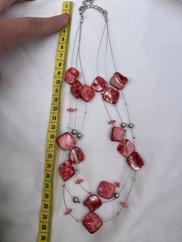 Mother of Pearl Large Nugget Multi Strand Necklace Pink With Silver Tone Beads - Picture 7 of 7