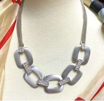 Silver Tone Big Link With Rhinestones/ 8 Strand Chain Necklace 18.5  90s Style