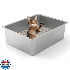 Kirecoo Stainless Steel Cat Litter Box - Metal High Sided Cat Pan, Large Stai