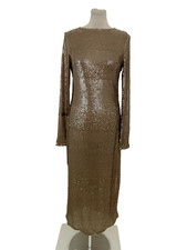 Boohoo Women's Column Midaxi Dress Size 8 Champagne Sequin Side Slits Zip New