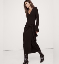 Banana Republic Knit Midi Dress Black L Tie Front V-Neck Long Sleeve