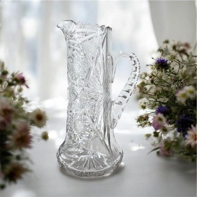 Antique ABP ABCG Lead Crystal Water Pitcher Tankard Notched Handle Geometric
