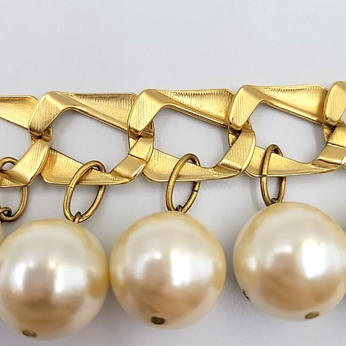 Vtg Gold Link Chain Choker Necklace w/Large Faux Pearl Dangles & ClipOn Earrings - Picture 8 of 19