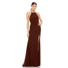 Mac Duggal IEENA 26518 Beaded Halter Neck Trumpet Gown Dress Chocolate Size 8