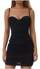 🆕️ Sexy Ruched Bodycon Mini Dress Sheer Mesh Sleeveless Spaghetti Strap black L