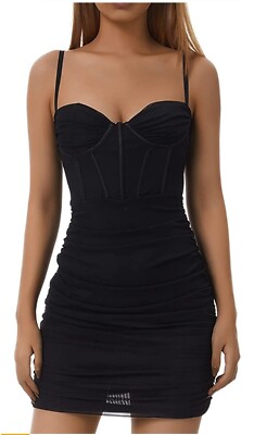 knee length dresses for ladies Black Mesh Drape Padded Spaghetti Strap Ruched Mini Dress Medium