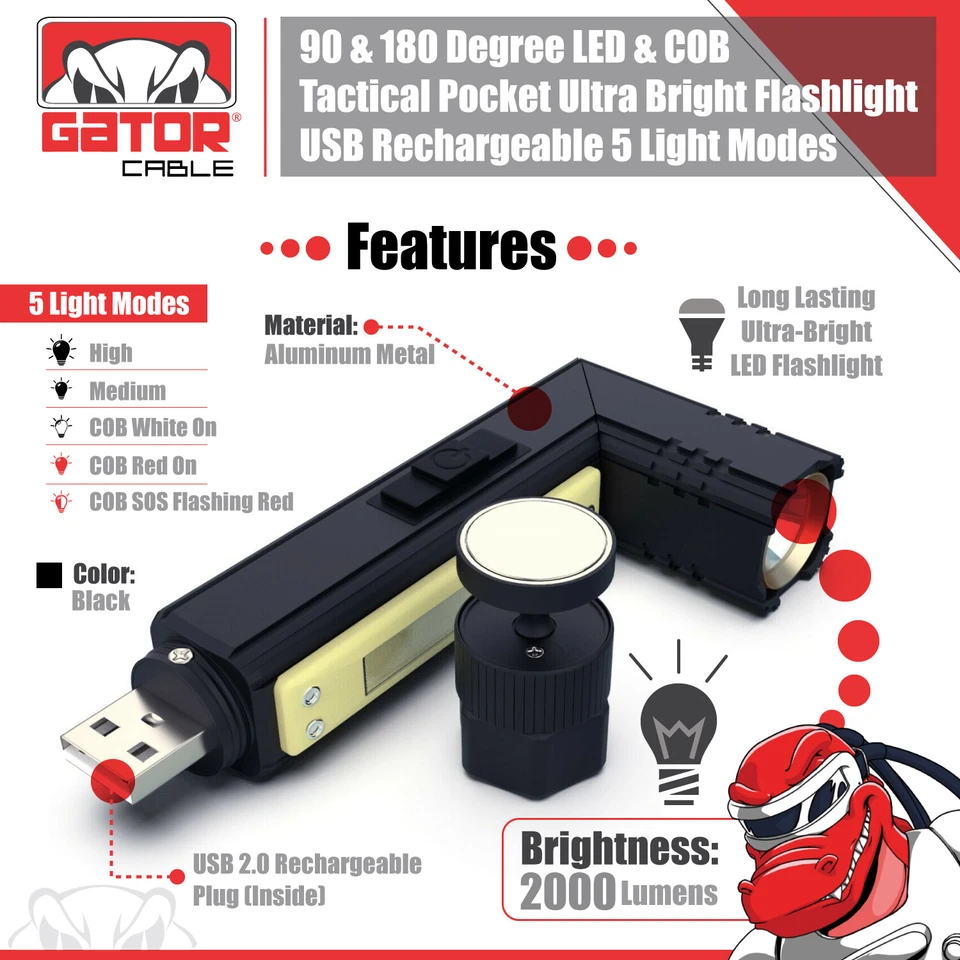 Linterna Brillante 90° Grados Antorcha LED COB Táctica Militar Recargable 5 Modos Foto 4 de 4