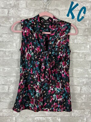 NINE WEST SECRETARY SLEEVELESS TANK TOP SILKY FEEL FLORAL COLORFUL XS 