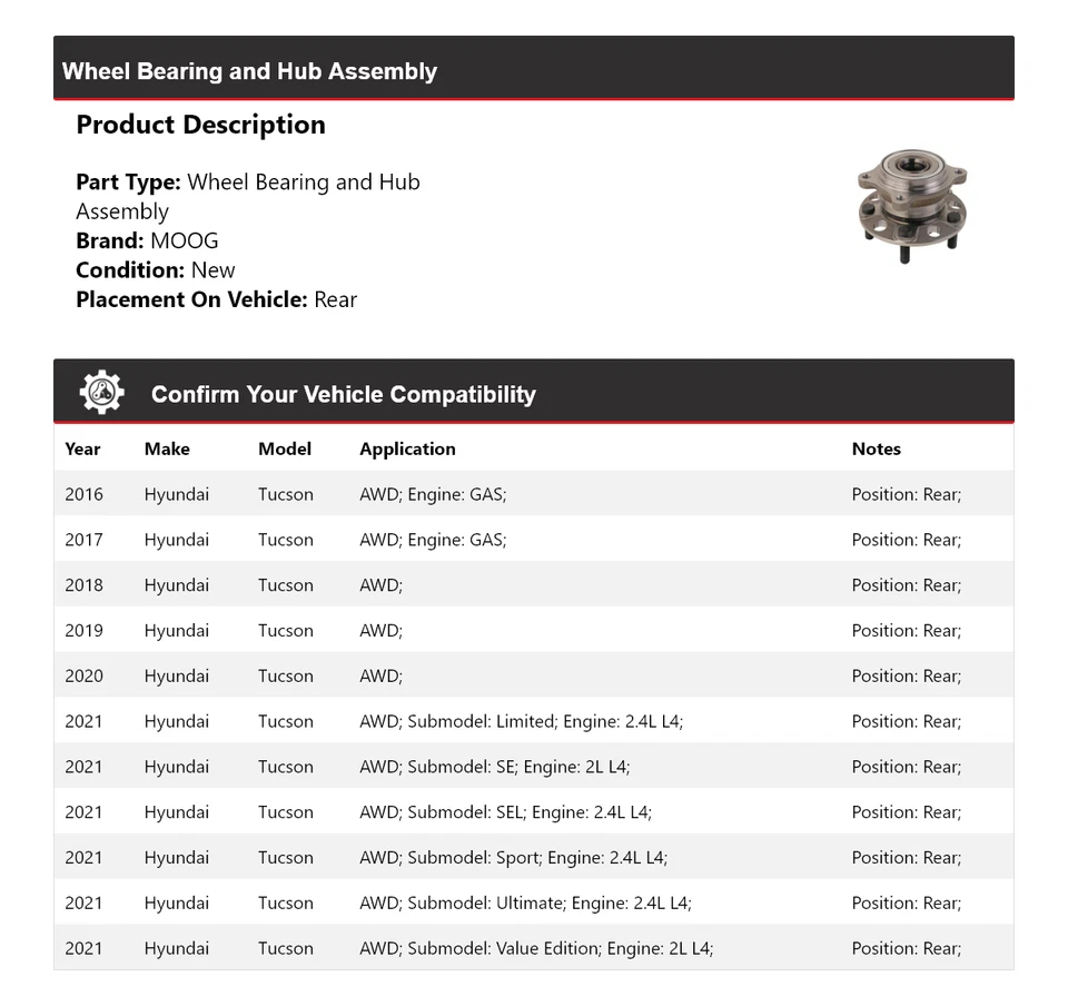 Para 2016-2021 Hyundai Tucson AWD rolamento de roda e conjunto de cubo traseiro MOOG 2016 - Imagem 2 de 4