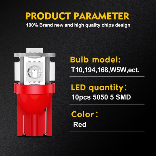 10X T10 194 168 147 W5W 5-SMD-5050 Red LED Car Dome light bulbs 12V For Honda - Picture 4 of 6