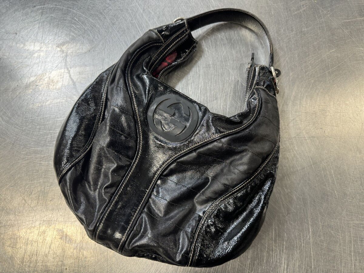 GUCCI WOMEN'S BAG BLACK PATENT LEATHER SNOW GLAM MEDIUM HOBO GUCCI WOMEN'S BAG BLACK PATENT LEATHER SNOW GLAM MEDIUM HOBO