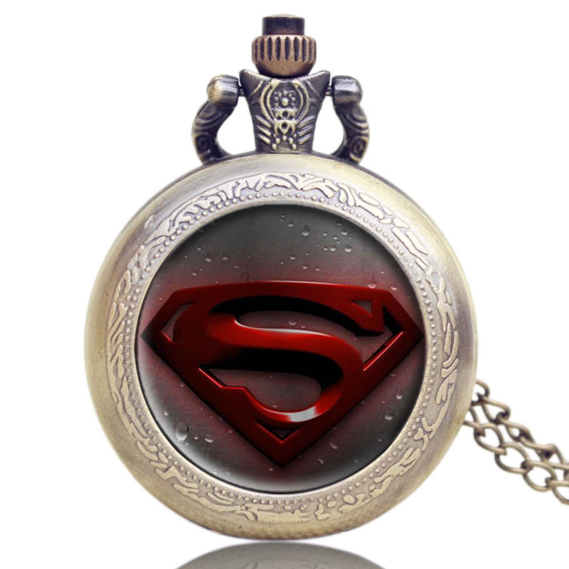 Antique Superman Super Hero Bronze Quartz Pocket Watch Necklace
