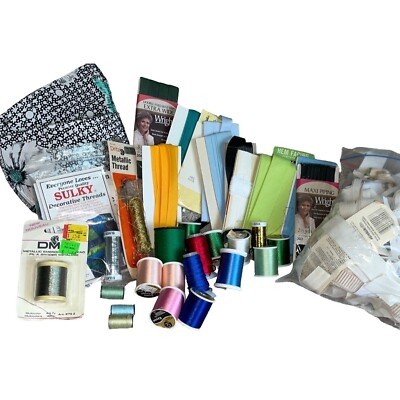 Sewing Supplies Variety Metallic Spools Threads Seam Binding Elastics Crafting