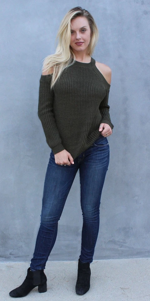 Suéter tejido hombro frío manga larga para mujer S M L activo básico EE. UU. SW2678 Foto 3 de 3