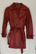 Vtg 70s Skin Gear Napa Y Ante Womens Burgundy Soft Leather Coat W/ Belt Size 8