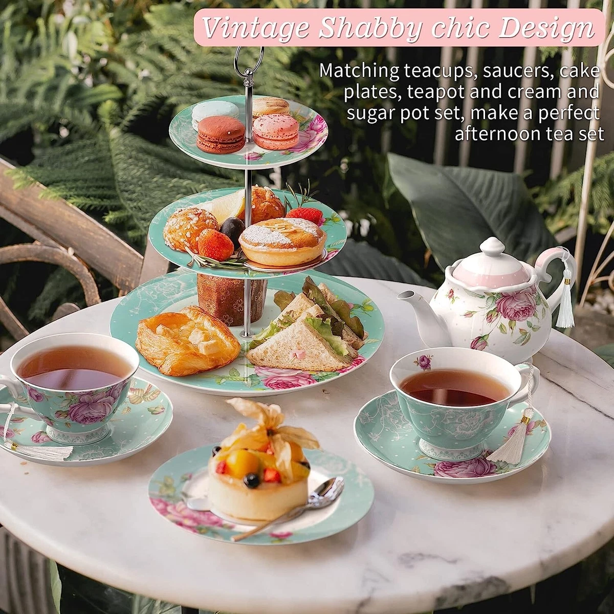 Afternoon Tea Coffee Set 3 Tier Cake Stands 2 Cups 2 Saucers 4 Plates Green