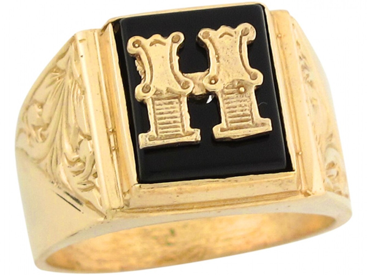 10k or 14k Real Gold 12x10mm Rectangle Onyx Letter H Fancy Mens