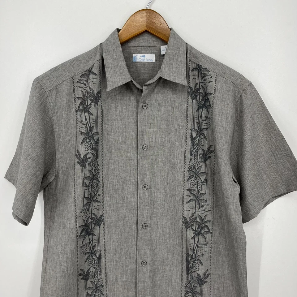 Cafe Luna Short Sleeve Button Shirt Men's S Gray Tropical Palm Tree Hawaiian Pri - Image 2 of 4