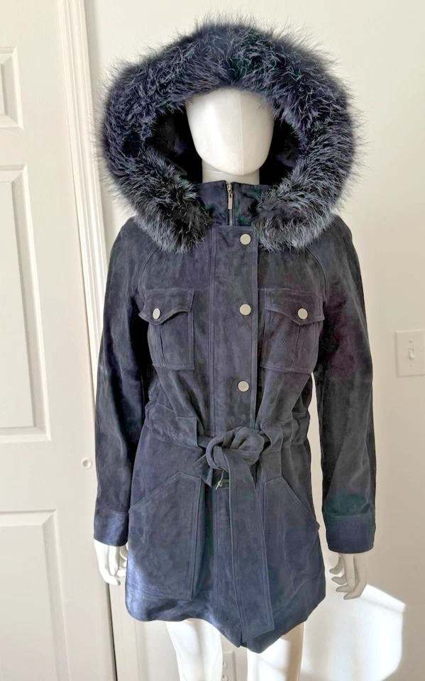 Ellen Tracy Women's Button Down & Zip Suede Jacket Coat Belted & Fox Fur Hood - Image 3 of 4