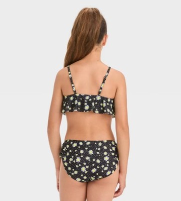 NEW NWT Girls Sz Small 6/7 Ruffled Black Floral Bikini 2 Pc