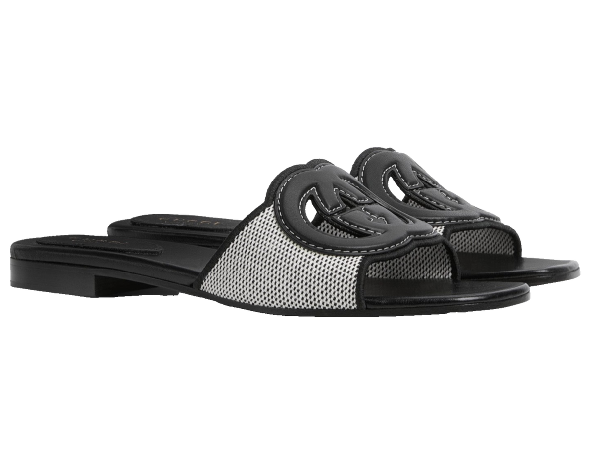 Gucci GG Interlocking Logo Black Leather Canvas Mule Flat Slide