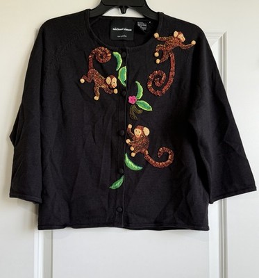 Vintage Michael Simon Women s Embroidered Black Monkey Cardigan Size Medium